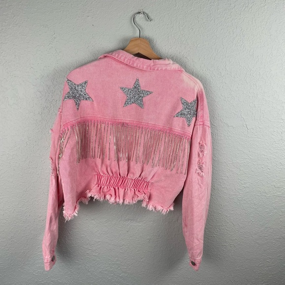Denim Cropped Pink Jacket with Fringe Rhinestones and Sparkling Stars - Picture 2 of 8